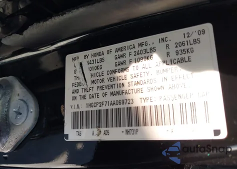 2010 Honda Accord 2.4 Ex z USA, uszkodzony, nr VIN 1HGCP2F71AA069723